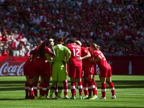 Canada talks after England scored their second goal during the FIFA Women's World Cup Canada 2015 Quarter Final match between the England and Canada June 27, 2015 at BC Place Stadium in Vancouver, British Columbia, Canada.   Ben Nelms/Getty Images/AFP