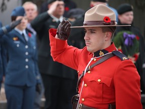 Cst. Michael Standcumbe salutes during Vermilion's Remembrance Day ceremony. Standcumbe and Cpl. Corey Buckingham (not pictured) are two of the newest RCMP officers in Vermilion.