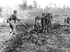Farmers locked in back-breaking labour, like the one above shown plowing a rocky field, were all too common in Ontario’s early homesteading drive in the province’s north and east, especially after more lucrative settlement opportunities arose in the richer soils of Manitoba. (Special to Postmedia News)