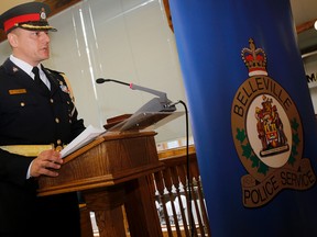 EMILY MOUNTNEY-LESSARD/THE INTELLIGENCER
Belleville Police deputy chief Ron Gignac, shown here during a press conference at city hall on Monday, will become the chief of the Belleville Police Service in 2017. Current chief Cory MacKay will retire. The Police Service Board held a press conference to announce the changes in leadership.