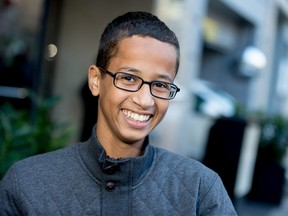 In this Monday, Oct. 19, 2015, file photo, Ahmed Mohamed, the 14-year-old who was arrested at MacArthur High School in Irving, Texas, after a homemade clock he brought to school was mistaken for a bomb, speaks during an interview with the Associated Press, in Washington. The Mohamed family is asking for $10 million from the city of Irving and $5 million from the Irving Independent School District over the incident. (AP Photo/Andrew Harnik, File)
