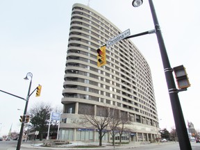 Kenwick Place, a high-rise apartment building in downtown Sarnia, is shown on Monday November 23, 2015 in Sarnia, Ont. Tenants of the building were evacuated Sunday following a fire. As of Monday, it wasn't known when they would be able to return. (Paul Morden, Sarnia Observer)