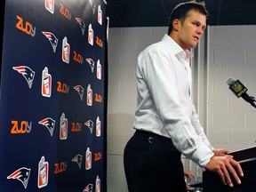 In this Nov. 15, 2015 file photo, New England Patriots quarterback Tom Brady speaks after an NFL football game against the New York Giants in East Rutherford, N.J. GQ magazine asked Brady, its 2015 Man of the Year, if he’s ever considered making a play for the White House or at least for governor of Massachusetts. Brady said. "There is a 0.000 chance of me ever wanting to do that." (AP Photo/Gary Hershorn, File)