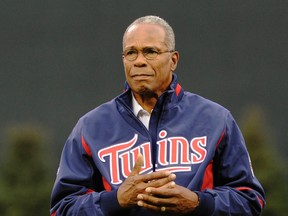 In this April 2, 2010, file photo, Hall of Fame player Rod Carew is introduced prior to the Minnesota Twins and St. Louis Cardinals spring training game in Minneapolis. (AP Photo/Jim Mone, File)