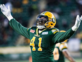 Eskimos LB Odell Willis, shown here celebrating the Esks' West Division championship Sunday, got his start with the Blue Bombers in Winnipeg, host city of Sunday's Grey Cup. (Codie McLachlan, Edmonton Sun)