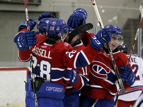 Kingston Voyageurs celebrate a goal against the North York Rangers during Ontario Junior Hockey League action at the Invista Centre on Nov. 19. (Ian MacAlpine /The Whig-Standard)