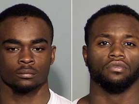 Photos provided by the Indianapolis Metropolitan Police Department show Larry Jo Taylor Jr. 18, of Indianapolis, left, and Jalen E. Watson, 21, of Indianapolis. Taylor and Watson were charged with murder Monday, Nov. 23, 2015 in the the death of Amanda Blackburn, an Indianapolis pastor’s pregnant wife. Blackburn was shot in the head during an attack at the couple home on Nov. 10. The child did not survive. (Indianapolis Metropolitan Police Department via AP)
