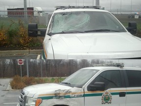 Two MTO vehicles parked at the Putnam scales were damaged by a fly-away truck wheel on Nov. 6. (Supplied photos)