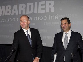 Bombardier Inc.'s Alain Bellemare (L), president and chief executive officer, and Pierre Beaudoin, executive chairman of the board, arrive for the company's annual general meeting in Montreal, in this May 7, 2015, file photo.  REUTERS/Christinne Muschi/FilesGLOBAL