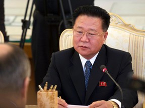 In this Nov. 20, 2014, file photo, North Korea's special envoy Choe Ryong Hae speaks during his meeting with Russian Foreign Minister Sergey Lavrov, left, in Moscow, Russia. North Korean leader Kim Jong Un is believed to have demoted Choe and sent him to a rural collective farm for re-education, South Korea's spy agency told lawmakers on Nov. 24, 2015. (AP Photo/Ivan Sekretarev, File)