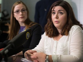 Former University of British Columbia students Caitlin Cunningham, right, and Glynnis Kirchmeier hold a news conference at the university in Vancouver, B.C., on Sunday, Nov. 22, 2015 regarding the university's response to alleged sexual assaults by a former student who was expelled recently. THE CANADIAN PRESS/Darryl Dyck