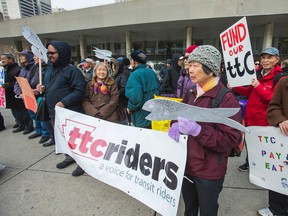 Members at TTCriders protested at City Hall this week. (ERNEST DOROSZUK, Toronto Sun)