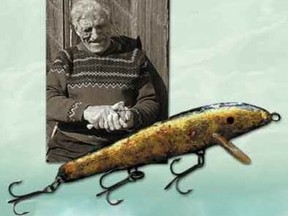 Lauri Rapala and one of his innovative original lures, date unknown.