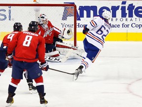 Oilers defenceman Eric Gryba's third period shot seemed destined to go in but Capitals goalie Brayden Holtby made a spectacular save to stop him. (USA TODAY SPORTS)