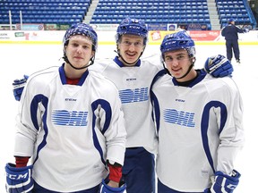 Sudbury Wolves Dmitry Sokolov, Michael Pezzetta and  Alan Lyszczarczyk pose for a photo prior to team practice in Sudbury, Ont. on Tuesday November 24, 2015. All three, plus goaltender Troy Timpano, appeared on NHL Central Scouting's players to watch list, which was released Tuesday.