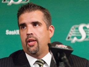 Roughriders interim general manager Jeremy O'Day speaks during a press conference held at Mosaic Stadium in Regina on Sept. 1, 2015. O'Day will be one of the final candidates for the Roughriders GM job. (Michael Bell/THE CANADIAN PRESS)