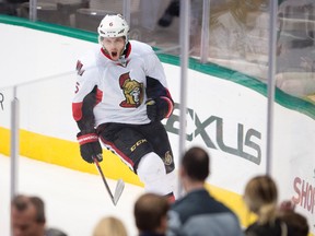 Ottawa Senators right wing Bobby Ryan (6) celebrates after scoring a goal against the Dallas Stars during the first period at the American Airlines Center. Mandatory Credit: Jerome Miron-USA TODAY Sports