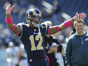 Wide receiver Stedman Bailey #12 of the St. Louis Rams dances during warm ups piror to the game against the Philadelphia Eagles on October 5, 2014 at Lincoln Financial Field in Philadelphia, Pennsylvania.   Evan Habeeb/Getty Images/AFP