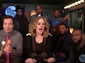 Jimmy Fallon, his house band The Roots and Adele joined forces for a cute version of her smash hit, Hello. (YouTube)