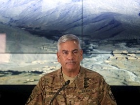 U.S. Army General John Campbell, the commander of international and U.S. forces in Afghanistan, speaks during a news conference at Resolute Support headquarters in Kabul, Afghanistan, November 25, 2015. The U.S. investigation into a deadly Oct. 3 strike on a hospital run by Medecins Sans Frontieres in the northern Afghan city of Kunduz concluded it was a tragic accident caused primarily by human error, Campbell said on Wednesday. REUTERS/Massoud Hossaini/Pool