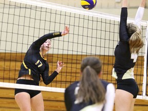 Cambrian Golden Shield women's volleyball team member Amanda Kring returns the ball during OCAA women's volleyball action against Conestoga College in Sudbury, Ont. on Sunday November 22, 2015. Cambrian defeated Conestoga in three sets.
