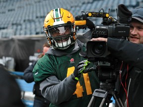 Edmonton Eskimos DE Odell Willis tries to convince a cameraman to do pushups during the team's first Grey Cup practice at Investors Group Field in Winnipeg on Wed., Nov. 25, 2015. Kevin King/Winnipeg Sun/Postmedia Network