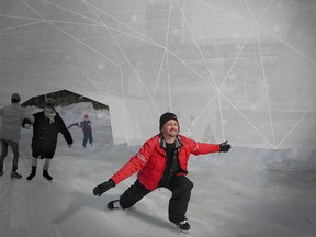 U of M Architecture's "Fabrigami" will be in The Forks' annual warming huts competition, coming to the river trail this winter.  An origami-like structure will be built using high-tension cables; once shaped, river water will pumped out and sprayed onto the fabric to create a stiff ice skin, creating a temporary structure out of the extreme climate and site of the beautiful river trail at The Forks.