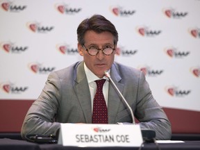 IAAF president Sebastian Coe addresses a press conference as part of the 202nd IAAF Council meeting in Monaco on November 26, 2015. (AFP PHOTO/BERTRAND LANGLOIS)