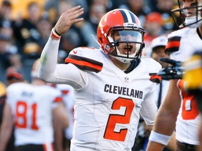 In this Nov. 15, 2015, file photo, Cleveland Browns quarterback Johnny Manziel (2) plays during an NFL football game against the Pittsburgh Steelers, in Pittsburgh.  Browns coach Mike Pettine says he benched Johnny Manziel because the quarterback violated the team's trust with his behavior during the bye week. Manziel was demoted from starter to third string on Tuesday, Nov. 24, 2015, by Pettine, who was upset after a video emerged of the second-year QB partying last week in Texas while the Browns were off. (AP Photo/Gene J. Puskar, File)