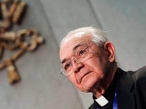 Father Jesus Delgado, former secretary to the slain Salvadoran Archbishop Oscar Romero, attends during a news conference on Romero's beatification at the Vatican Feb. 4, 2015. REUTERS/Alessandro Bianchi