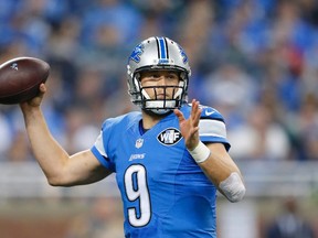 Lions quarterback Matthew Stafford throws during first half NFL action against the Eagles in Detroit on Thursday, Nov. 26, 2015. (AP Photo/Rick Osentoski)