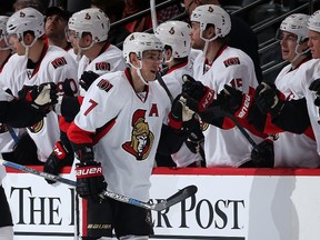 Kyle Turris (7) of the Ottawa Senators celebrates his goal against the Colorado Avalanche to take a 3-1 lead in the second period at Pepsi Center on November 25, 2015 in Denver, Colorado.  Doug Pensinger/Getty Images/AFP