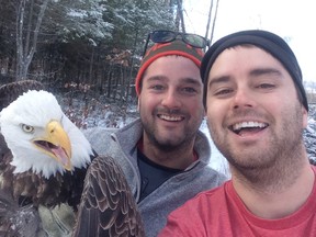 Photo supplied
Neil and Michael Fletcher of Chelmsford pose for a quick selfie with a bald eagle they rescued from a trap near Windy Lake, just prior to setting the majestic bird free.