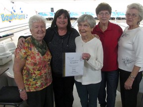 Submitted photo: Gold medal winners at the recent Chatham-Kent 55+ five pin bowling competition includes, from left, Ruth Van Wolde, Barrie Lynn VanLeatham, Betty Conway, Helen Vandenbogaerde, Joyce Cooper.