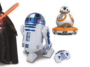 Darth Vader comes alive with his motion-activated lightsaber, from Thinkway Toys $159, Toys R Us only. R2-D2 Interactive Robotic Droid, from Thinkway Toys, stands 16 inches and is voice activated to make sounds and move, $199, Toys R Us. The BB-8 Droid by Sphero will Star Wars fans and collectors $189, Best Buy Canada and Indigo.