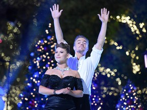 Bindi Irwin, left, and Derek Hough onstage during the finale of "Dancing With The Stars" held at The Grove on Tuesday, Nov. 24, 2015, in Los Angeles. (Photo by Richard Shotwell/Invision/AP)