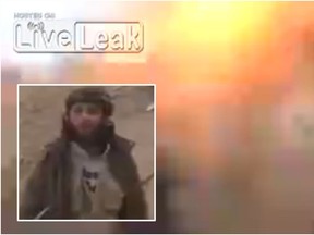 An ISIS militant (inset) was apparently killed in an airstrike, while trying to make a propaganda video. (Video screenshots)