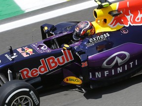Red Bull driver Daniil Kvyat puts his car through its paces during practice for the Formula One Brazilian Grand Prix at the Interlagos track in Sao Paulo Saturday, Nov. 14, 2015. (AP Photo/Ricardo Mazalan)