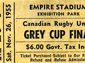 A ticket for the 1955 Grey Cup, cost, $6.00 CND. The 43rd Grey Cup game was between the Edmonton Eskimos and the Montreal Alouettes played on Nov. 26, 1955, in front of 39,417 football fans at Empire Stadium in Vancouver, B.C., seeing the Eskimos win the game 34 to 19. The Eskimos won the 1954, 1955 and 1956 championship games.  Photo Courtesy/CFL