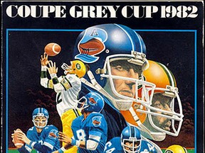 Program cover for the 1982 Grey Cup, cost, $3.00. The 70th Grey Cup game (nicknamed the “Rain Bowl”) saw the Edmonton Eskimos beat the Toronto Argonauts, 32 -16. The game was played on Sunday Nov. 28, 1982, at Exhibition Stadium in Toronto, Ont. The Eskimos won the Canadian Football League championship five years in a row, 1978, 1979, 1980, 1981 and 1982. Photo Courtesy/CFL