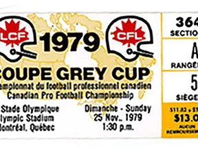 A ticket for the 1979 Grey Cup, cost, $13. The 67th Grey Cup was between the Edmonton Eskimos and the Montreal Alouettes in front of 65,113 fans at Olympic Stadium at Montreal on Nov 25, 1979, seeing the Eskimos winning the game 17 to 9. The Eskimos won the Canadian Football League championship five years in a row, 1978, 1979, 1980, 1981 and 1982. Photo Courtesy/CFL