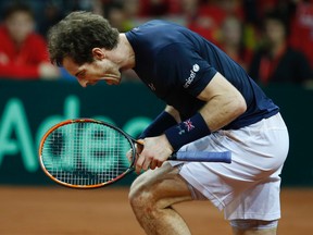 Britain’s Andy Murray celebrates after beating Belgium’s Ruben Bemelmans in the Davis Cup final at the Flanders Expo in Ghent, Belgium, Friday, Nov. 27, 2015. (AP Photo/Alastair Grant)