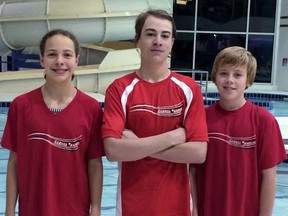 The Sarnia Y Rapids 1 swim team competed at the St. Clair Erie Aquatic League meet in Chatham Nov. 15. Top-three finishers were, from left, Diane Clarke, Greg Dietrich and Kaiden Rawson. Missing are Trevor Marut and Isabella Wright. (Handout)