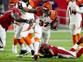 Bengals running back Jeremy Hill (right) stiff arms Cardinals nose tackle Rodney Gunter during NFL action in Glendale, Ariz., on Sunday, Nov. 22, 2015. (Rick Scuteri/AP Photo)