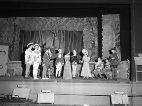 Cast members pose for The Free Press on Nov. 25, 1949, the day before the London Little Theatre?s children?s theatre staging of Pumpkin Pie, complete with its Elizabethan period staging and ?elegant idiom,?  before hundreds of happy young fans at the Grand Theatre. The cast included guards Louise Guymer, left, and Carol Mackinder, page Jean Ballantyne, Bill Hardman as King Cole, Gloria Toderoff as the Princess, Barry Roberts as Peter, the big-hat sporting Jane Walker as a lady-in-waiting, Ronald Boyle as Sunflower, Anne Evans as Pumpkin Blossom and Ron Buchanan as a herald. About 2,000 young fans ?loved? the play when it was staged twice at the Grand Theatre in downtown, The Free Press reported. (Western Archives)