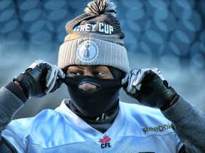 Edmonton Eskimos Akeem Shavers during the final walkthrough in preparation for the Grey Cup in Winnipeg on Saturday. The Edmonton Eskimos will play the Ottawa Redblacks next Sunday at Investors Group Field in the 103rd Grey Cup. (Al Charest/Calgary Sun/Postmedia Network)