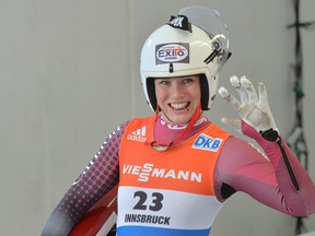 Canada's Alex Gough won bronze at the women's luge World Cup race in Innsbruck Igls, Austria on Saturday, Nov. 29, 2014. (Kerstin Joensson/AP Photo)