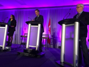 Rana Bokhari, Brian Pallister, and Greg Selinger duked it out on Wednesday at a leaders debate in Brandon. If Selinger is to survive past April's election, he'll need to finetune his messaging. (DAVID LARKINS/WINNIPEG SUN FILE PHOTO)