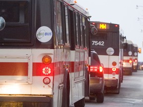 A row of buses sit in traffic along Yonge St., south of Eglinton Ave. during afternoon rush hour. (Toronto Sun file photo)