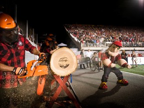 After a complaint from the Edmonton Eskimos, Algonquin College's Loggersports team, which saws off a wood cookie after each RedBlacks touchdown at home game won't be allowed on the sidelines for Sunday's Grey Cup.
Photo by Johany Jutras.